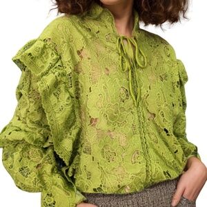 A 346 Nancy  Lime Green Glam Romance Lace Blouse  Statement Ruffle Sleeve  NWT L